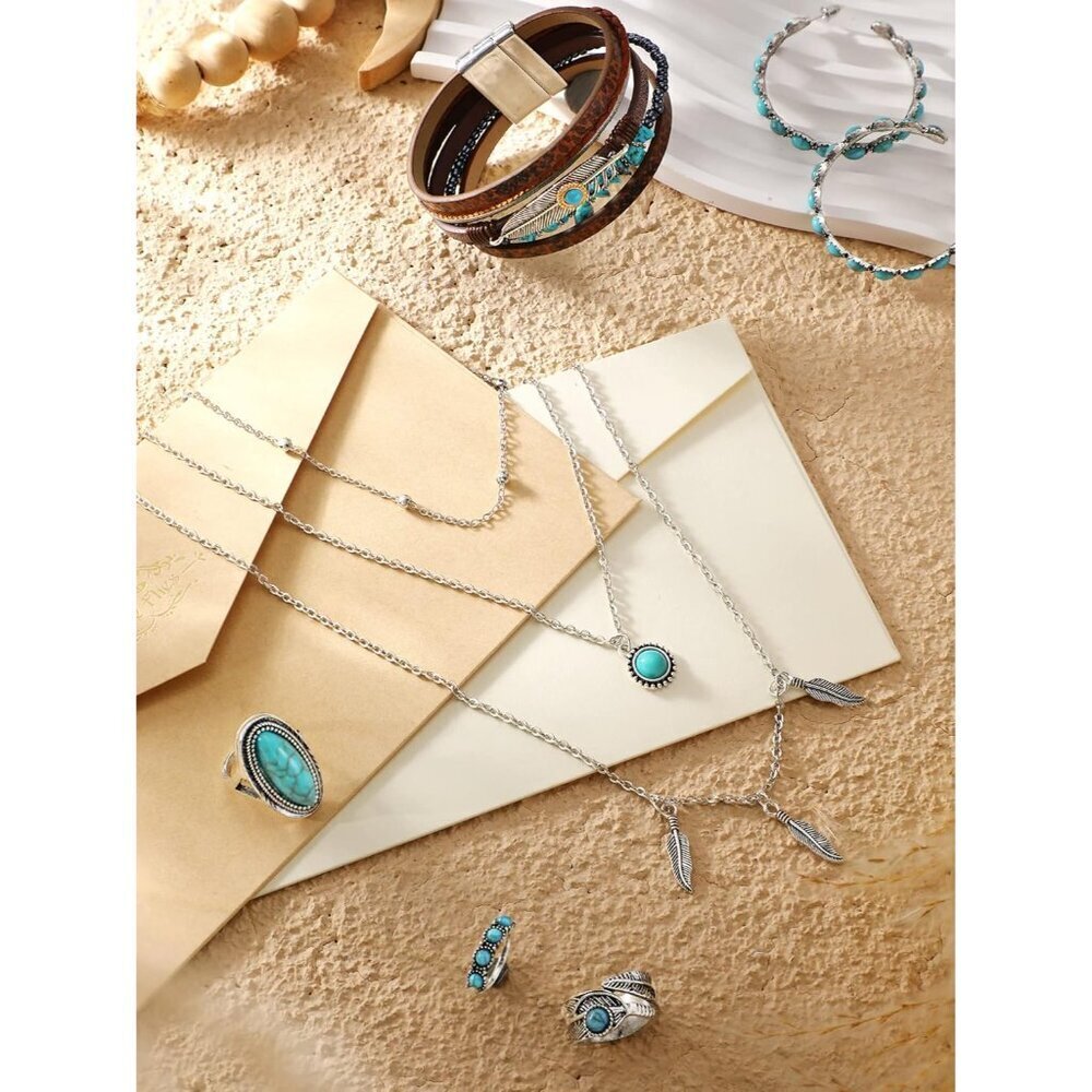 Western Jewelry Set Turquoise Faux Leather Long Necklace Earrings Rings Bracelet - Picture 7 of 7